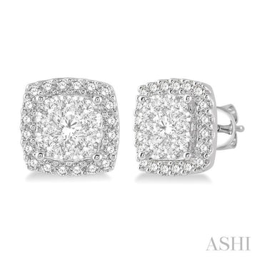 1 Ctw Cushion Shape Lovebright Round Cut Diamond Stud Earrings in 14K White Gold